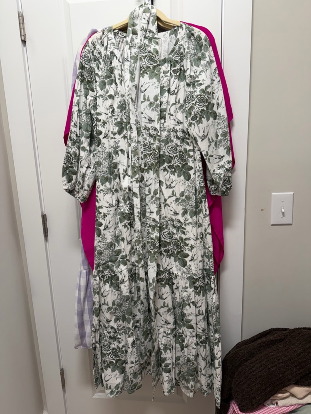 Floral Tie-Neck Maxi Dress in Green and White